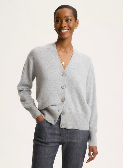 Grey V-neck Long-sleeved cardigan - MAJESTIC FILATURES