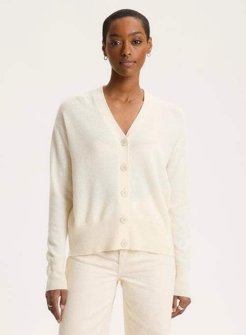 White V-neck Long-sleeved cardigan - MAJESTIC FILATURES