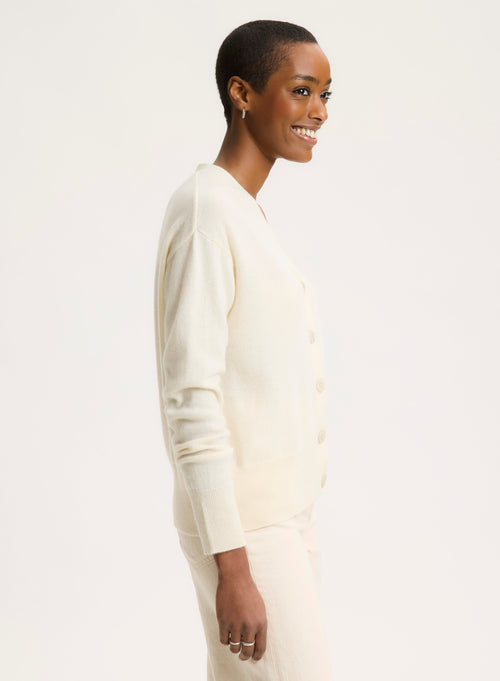 White V-neck Long-sleeved cardigan - MAJESTIC FILATURES