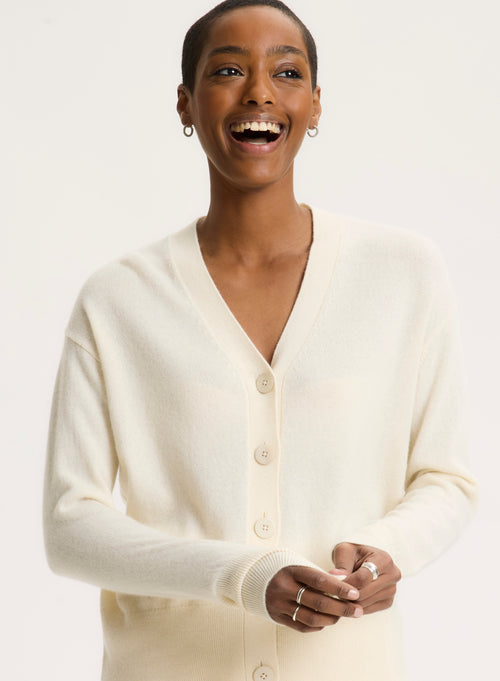 White V-neck Long-sleeved cardigan - MAJESTIC FILATURES