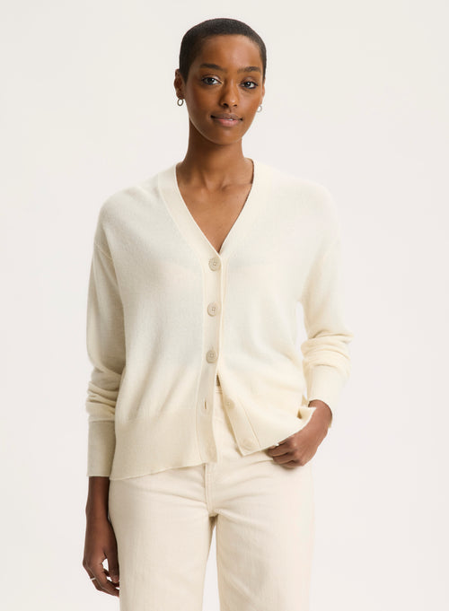 White V-neck Long-sleeved cardigan - MAJESTIC FILATURES