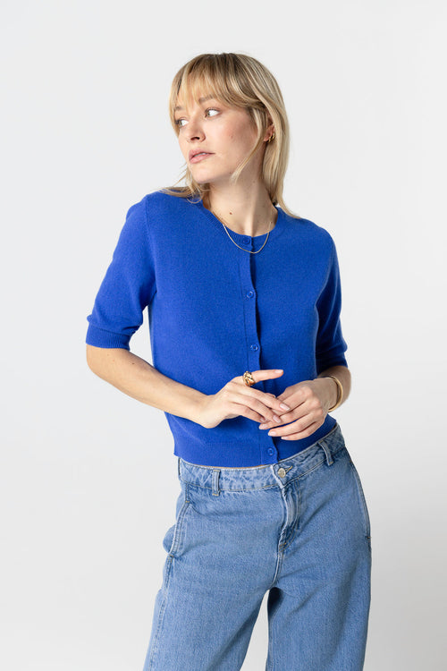 Strickjacke mit Rundhalsausschnitt und Ellbogen aus Kaschmir in Blau - MAJESTIC FILATURES