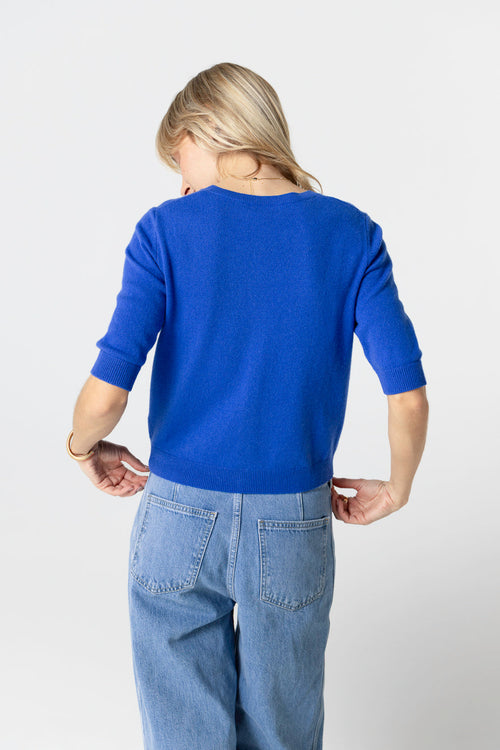 Gilet Bleu Col Rond Manches Coudes en Cachemire - MAJESTIC FILATURES