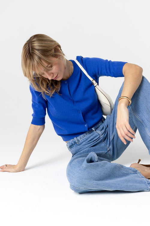 Gilet Bleu Col Rond Manches Coudes en Cachemire - MAJESTIC FILATURES