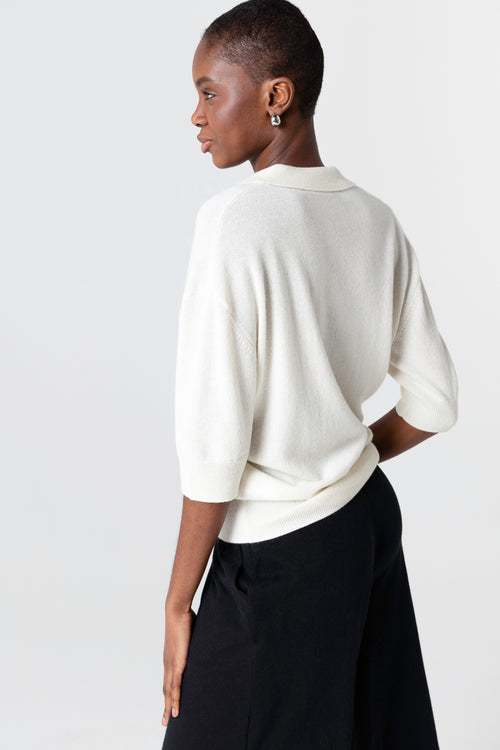 Polo Blanc Manches Coudes en Cachemire - MAJESTIC FILATURES