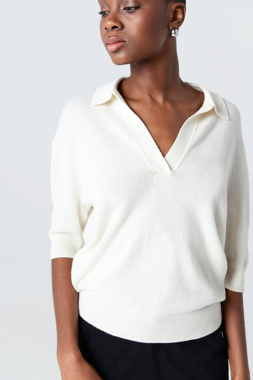 Polo Blanc Manches Coudes en Cachemire - MAJESTIC FILATURES