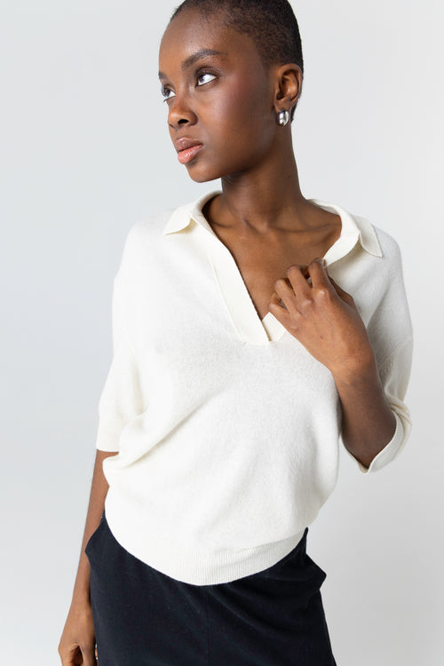 Polo Blanc Manches Coudes en Cachemire - MAJESTIC FILATURES