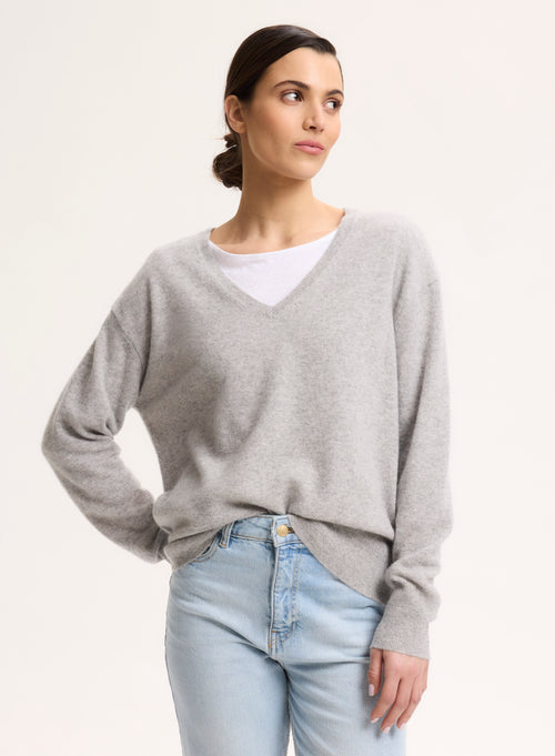 Grey V-neck Long Sleeve Sweater - MAJESTIC FILATURES