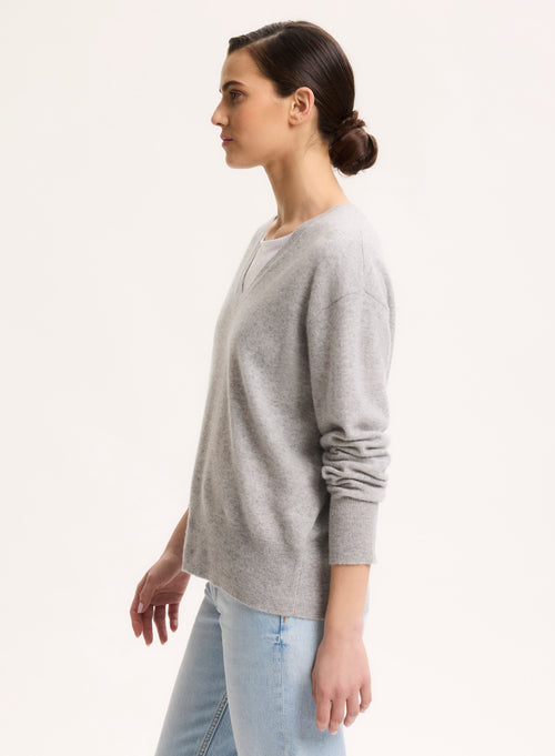 Grey V-neck Long Sleeve Sweater - MAJESTIC FILATURES