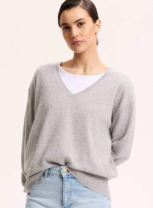 Grey V-neck Long Sleeve Sweater - MAJESTIC FILATURES