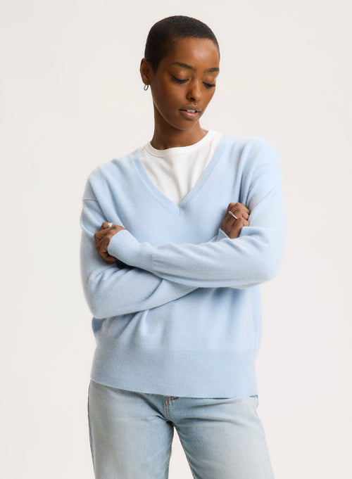 Blue Crew Neck Elbow Sleeve Sweater - MAJESTIC FILATURES