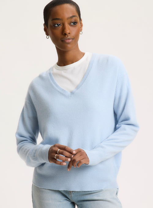 Blue Crew Neck Elbow Sleeve Sweater - MAJESTIC FILATURES