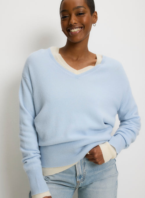 Blue Crew Neck Elbow Sleeve Sweater - MAJESTIC FILATURES