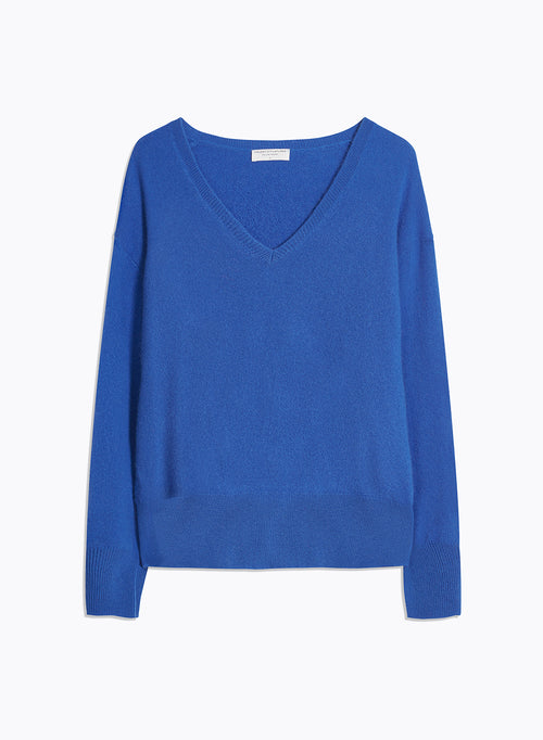 Pull Bleu Col V Manches Longues - MAJESTIC FILATURES