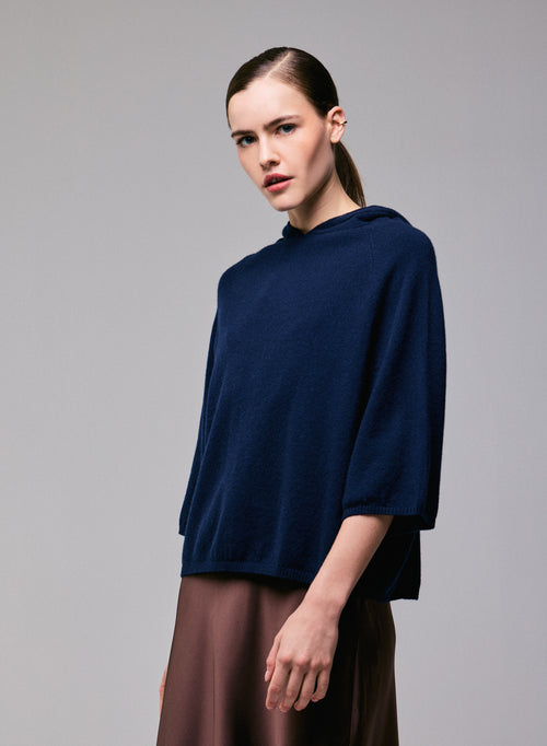 Pull Marine Capuche Manches Longues en Cachemire - MAJESTIC FILATURES