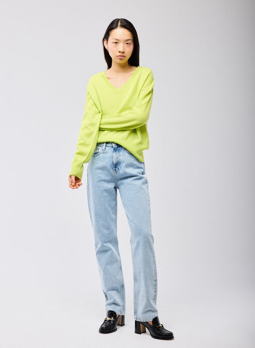 Suéter Amarillo con Cuello en V y Mangas Largas de Cachemir - MAJESTIC FILATURES