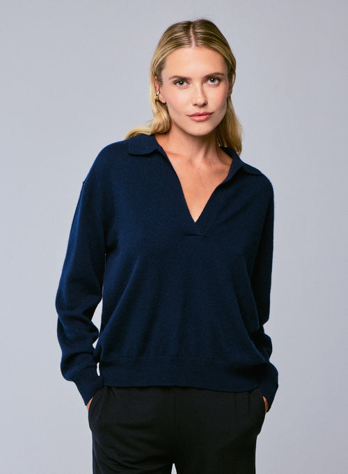 Pull Marine Col Polo Manches Longues en Cachemire - MAJESTIC FILATURES