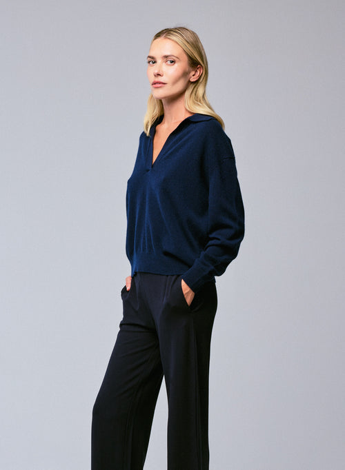 Pull Marine Col Polo Manches Longues en Cachemire - MAJESTIC FILATURES