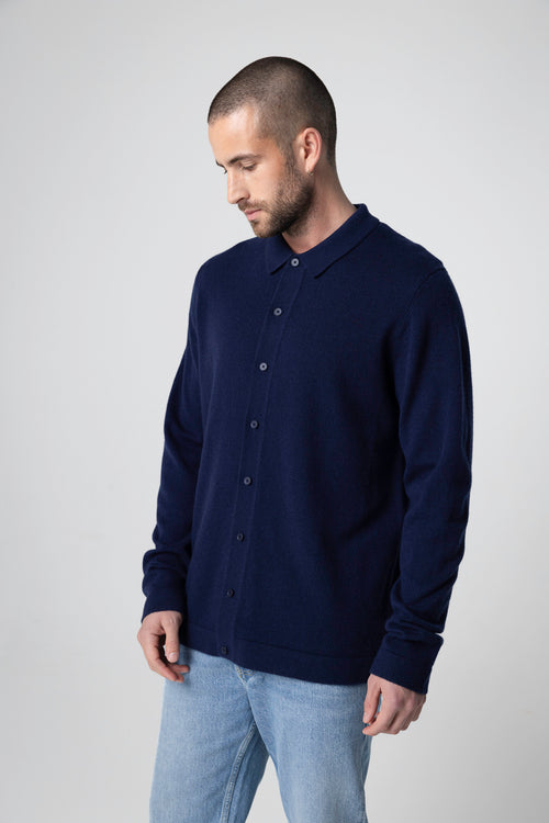 Gilet Marine Col Chemise Manches Longues en Cachemire - MAJESTIC FILATURES