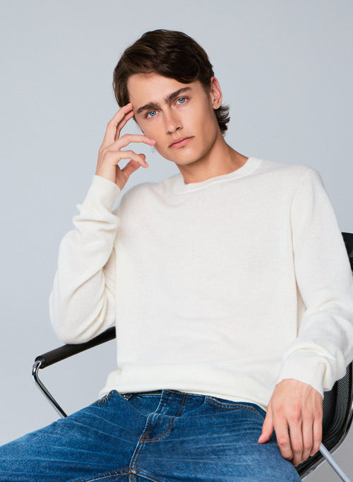 Jersey blanco de cuello redondo y manga larga en cachemir - MAJESTIC FILATURES