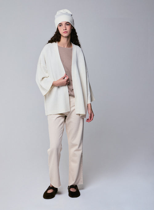 Cárdigan blanco con cuello chal de manga larga en lana merino - MAJESTIC FILATURES