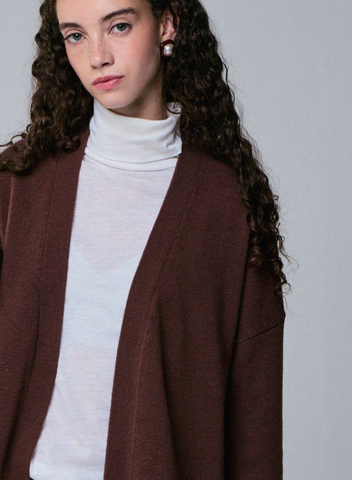 Cárdigan marrón con cuello chal de manga larga en lana merino - MAJESTIC FILATURES