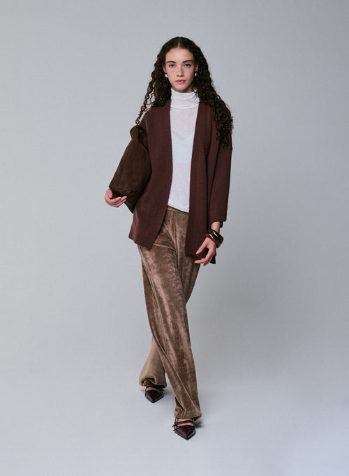 Cárdigan marrón con cuello chal de manga larga en lana merino - MAJESTIC FILATURES