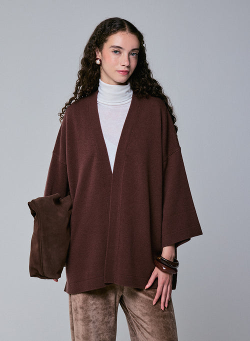 Cárdigan marrón con cuello chal de manga larga en lana merino - MAJESTIC FILATURES