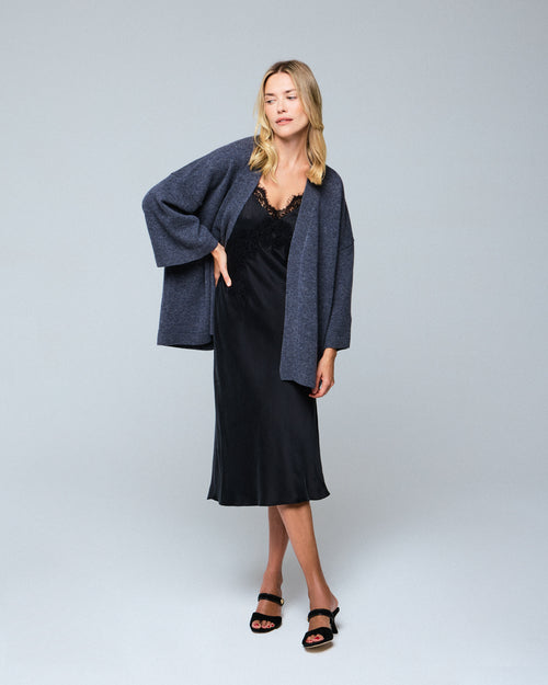 Gilet Gris Col Châle Manches Longues en Laine merinos - MAJESTIC FILATURES