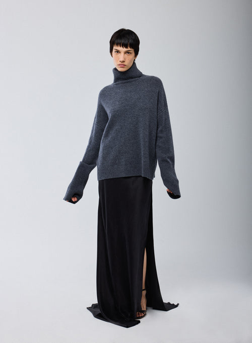 Grey Turtleneck Long Sleeve Sweater in Merino Wool - MAJESTIC FILATURES