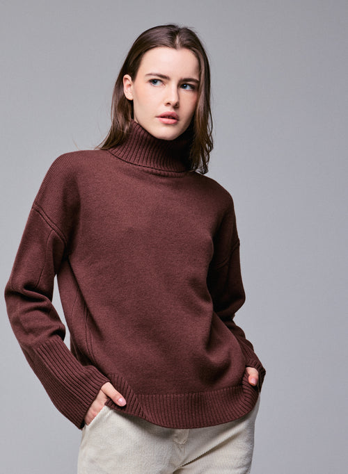Pull Marron Col Roulé Manches Longues en Laine merinos - MAJESTIC FILATURES