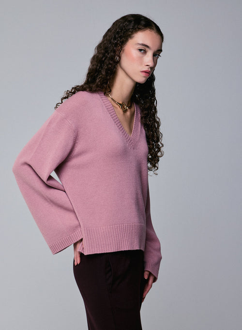 Pull Rose Col V Manches Longues en Laine merinos - MAJESTIC FILATURES