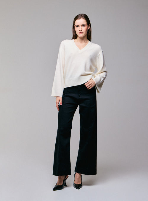 Pull Blanc Col V Manches Longues en Laine merinos - MAJESTIC FILATURES