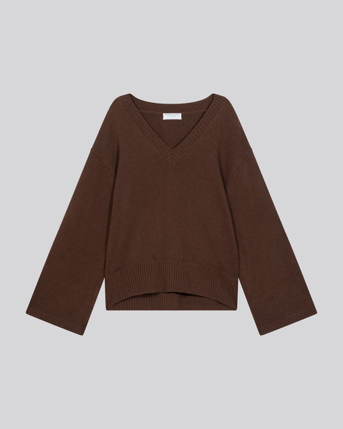 Brown V-neck long-sleeved merino wool sweater - MAJESTIC FILATURES
