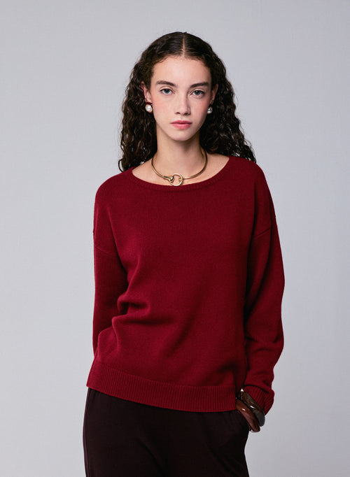 Red Long Sleeve Round Neck Sweater in Merino Wool - MAJESTIC FILATURES