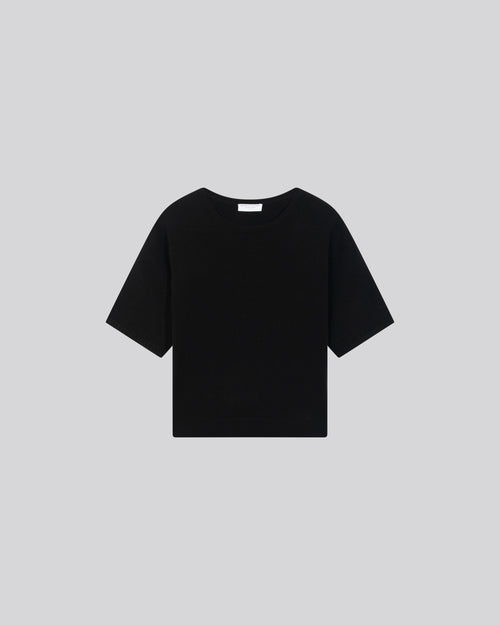 Schwarzer Kurzarmpullover aus Merinowolle mit Rundhalsausschnitt - MAJESTIC FILATURES