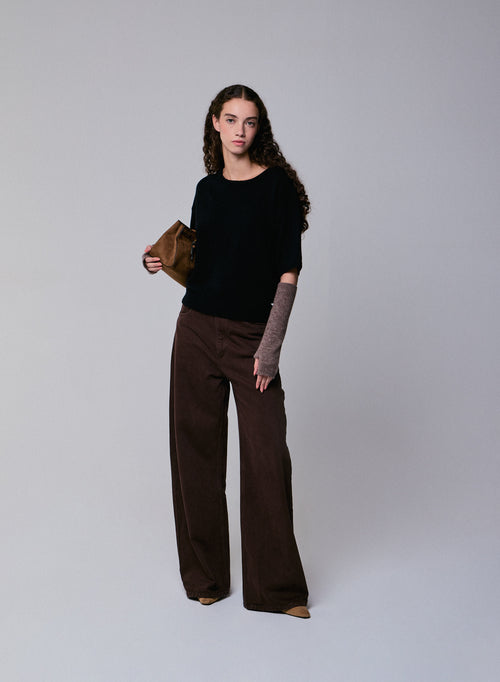 Schwarzer Kurzarmpullover aus Merinowolle mit Rundhalsausschnitt - MAJESTIC FILATURES