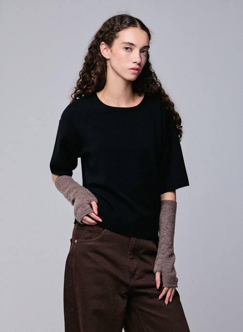 Black Round Neck Short Sleeve Merino Wool Sweater - MAJESTIC FILATURES