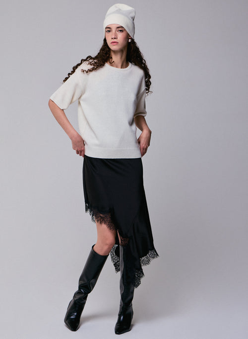 Suéter de lana merino de manga corta con cuello redondo blanco - MAJESTIC FILATURES