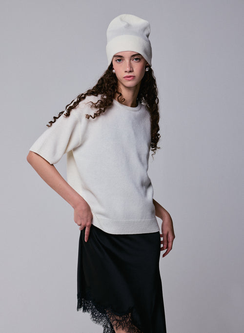 White Round Neck Short Sleeve Merino Wool Sweater - MAJESTIC FILATURES