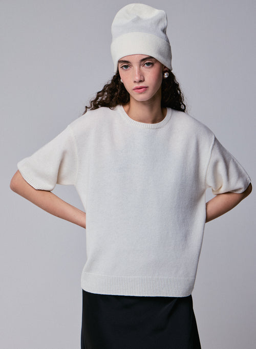 Suéter de lana merino de manga corta con cuello redondo blanco - MAJESTIC FILATURES