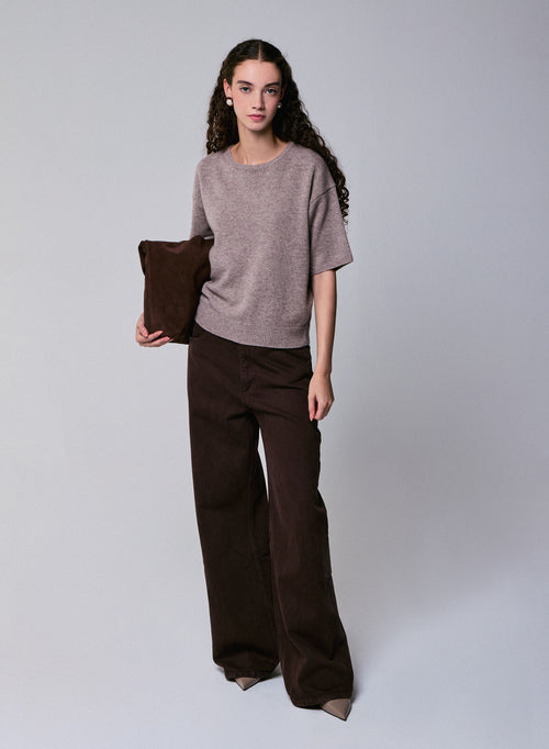 Suéter de lana merino de manga corta con cuello redondo beige - MAJESTIC FILATURES