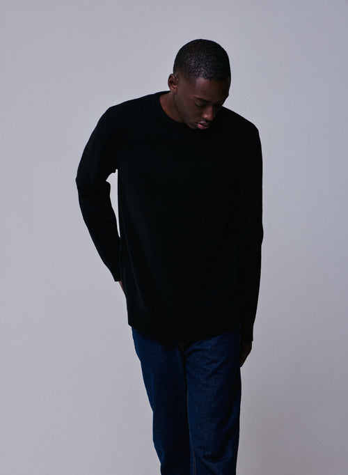 Pull Noir Col Rond Manches Longues en Laine merinos - MAJESTIC FILATURES