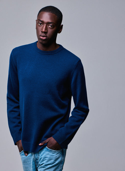 Pull Bleu Col Rond Manches Longues en Laine merinos - MAJESTIC FILATURES