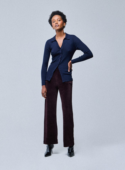 Camisa de lana merino de manga larga con suéter azul marino - MAJESTIC FILATURES