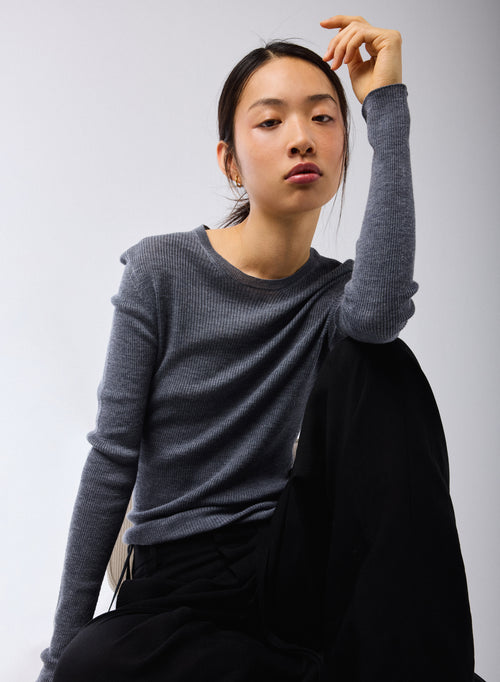 Grey Crew Neck Long Sleeve Sweater in Merino Wool - MAJESTIC FILATURES