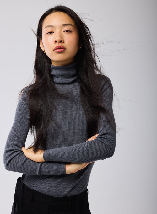 Pull Gris Col Roulé Manches Longues en Laine mérinos - MAJESTIC FILATURES