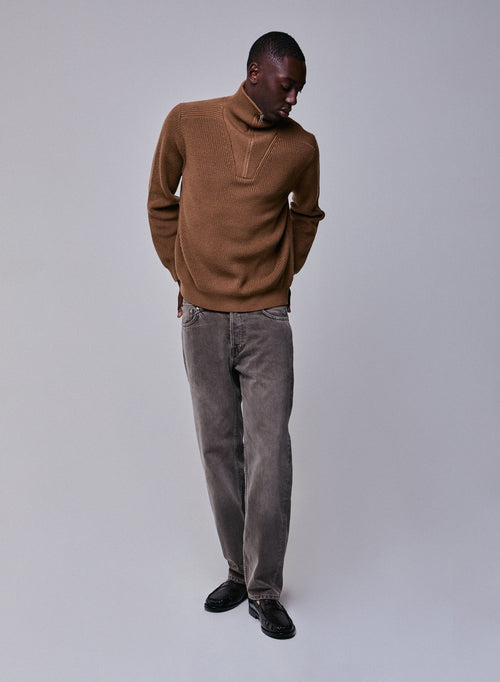 Brown Sweater with Long Sleeve High Neck in Merino Wool - MAJESTIC FILATURES