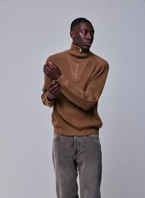 Brown Sweater with Long Sleeve High Neck in Merino Wool - MAJESTIC FILATURES