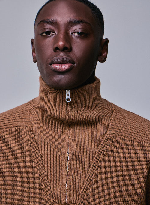 Brown Sweater with Long Sleeve High Neck in Merino Wool - MAJESTIC FILATURES